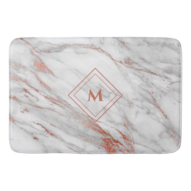 Elegant Koppar Rosa Guld & Vit Marmor |Monogram Badrumsmatta (Framsidan)