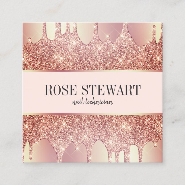 Elegant koppardroppar i nagel i ro, guld glitter fyrkantigt visitkort (Framsida)