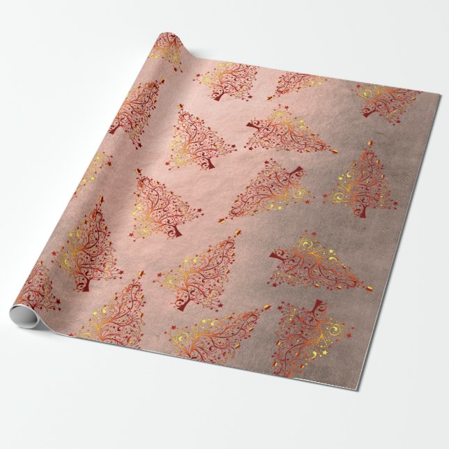 Elegant kopparkoppar ro guld Julgran mönster Presentpapper (Utrullad)