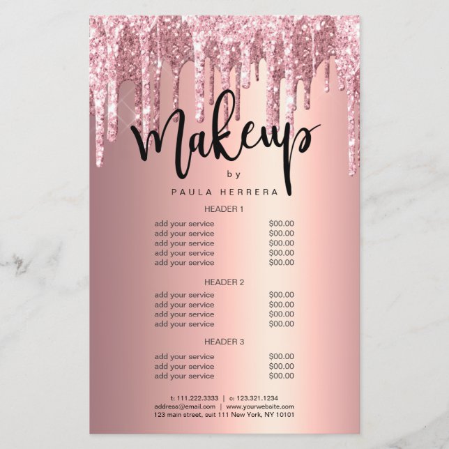 Elegant kopparrosa guld glitter droppar smink flygblad (Framsidan)