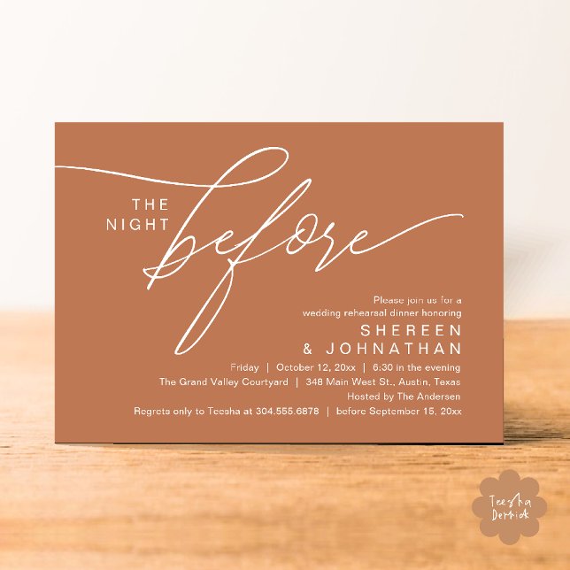 Elegant kopparskrift Bröllopsrepetition Middag Inbjudningar (Elegant Script Wedding Rehearsal Dinner Invitation Card in Copper Brown Terracotta)
