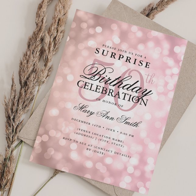 Elegant KÖR 50:e födelsedag Ro Guld Ljus Inbjudningar (Elegant SURPRISE 50th Birthday Rose Gold Lights Invitation)