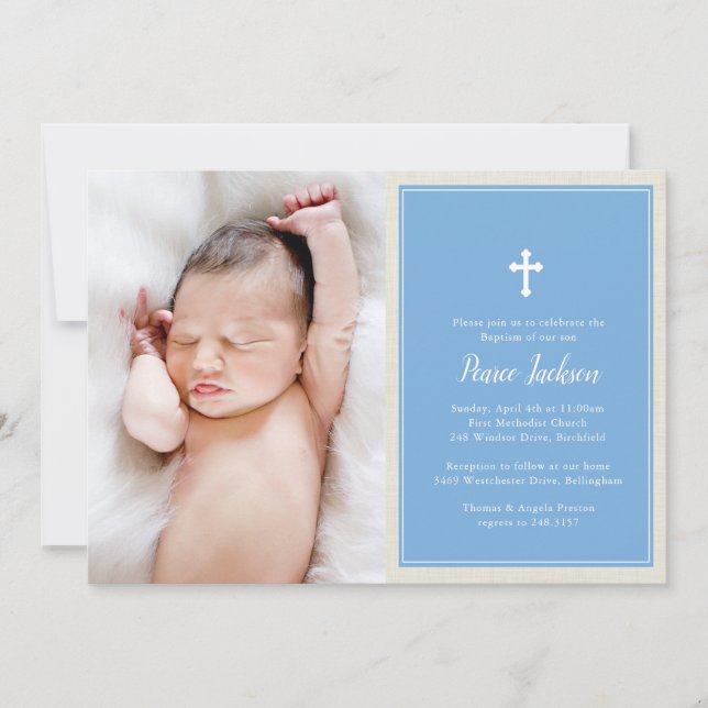 Elegant Kor Blue Photo Baptism Christening Inbjudningar (Framsida)