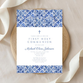 Elegant Kor Blue Tiles First Communion Inbjudningar