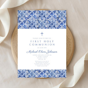 Elegant Kor Blue Tiles First Communion Inbjudningar