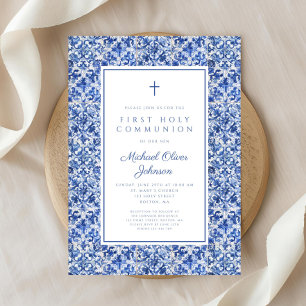 Elegant Kor Blue Tiles First Communion Inbjudningar
