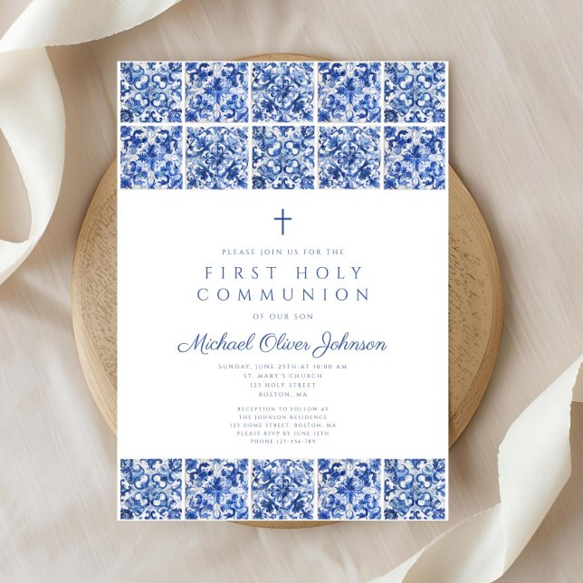 Elegant Kor Blue Tiles First Communion Inbjudningar (Elegant Cross Blue Tiles Boy First Communion Invitation)