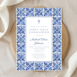 Elegant Kor Blue Tiles First Communion Inbjudningar
