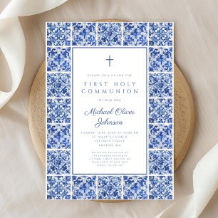 Elegant Kor Blue Tiles First Communion Inbjudningar