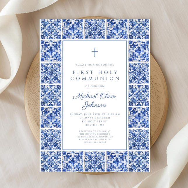 Elegant Kor Blue Tiles First Communion Inbjudningar (Elegant Cross Blue Tiles Boy First Communion Invitation)