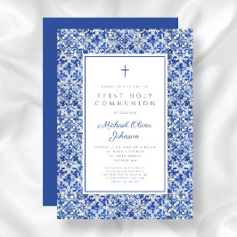 Elegant Kor Blue Tiles First Communion Inbjudningar