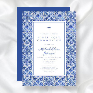 Elegant Kor Blue Tiles First Communion Inbjudningar