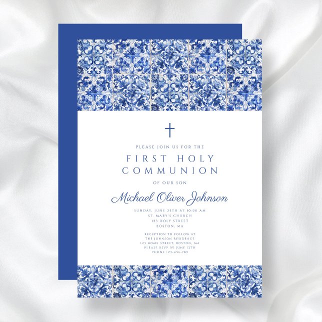 Elegant Kor Blue Tiles First Communion Inbjudningar (Elegant Cross Blue Tiles Boy First Communion Invitation)