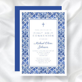 Elegant Kor Blue Tiles First Communion Inbjudningar