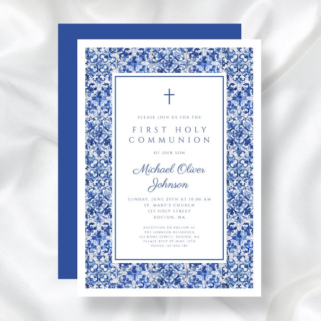 Elegant Kor Blue Tiles First Communion Inbjudningar (Elegant Cross Blue Tiles Boy First Communion Invitation)