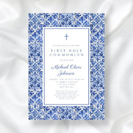 Elegant Kor Blue Tiles First Communion Inbjudningar