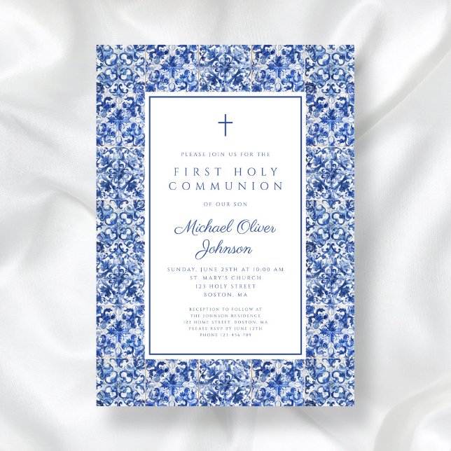 Elegant Kor Blue Tiles First Communion Inbjudningar (Elegant Cross Blue Tiles Boy First Communion Invitation)
