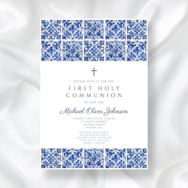 Elegant Kor Blue Tiles First Communion Inbjudningar (Elegant Cross Blue Tiles Boy First Communion Invitation)