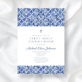 Elegant Kor Blue Tiles First Communion Inbjudningar