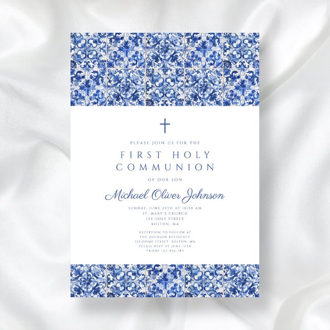 Elegant Kor Blue Tiles First Communion Inbjudningar (Elegant Cross Blue Tiles Boy First Communion Invitation)