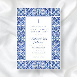 Elegant Kor Blue Tiles First Communion Inbjudningar
