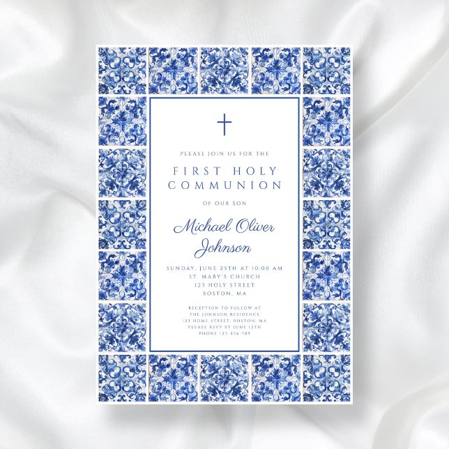 Elegant Kor Blue Tiles First Communion Inbjudningar (Elegant Cross Blue Tiles Boy First Communion Invitation)