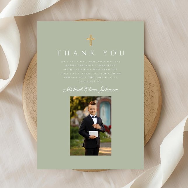 Elegant Kor Boy First Communion Tack Kort (Elegant Cross Boy First Communion Thank You Card)