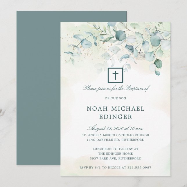 Elegant Kor Greenery Eucalyptus Baptism Inbjudningar (Fram/baksida)