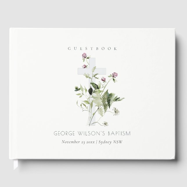 Elegant Kor Lila Wildblomme Blommigt Baptism Gästböcker (Framsida)