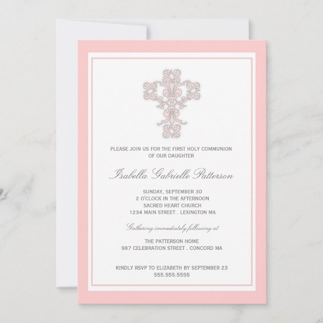 Elegant Kor Rosa Girl Girl First Communion-inbjuda Inbjudningar (Framsida)