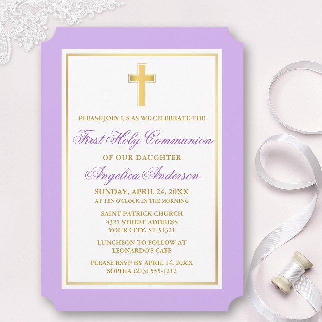 Elegant Kor Violet First Communice Inbjudningar (Customize to change text size, style, color or to add more text or photos to back of card.)