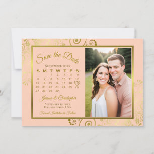 Elegant korall fersken & guld kalender foto bröllo spara datumet