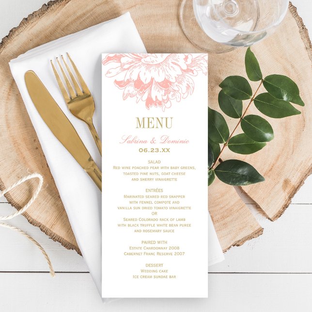 Elegant korall- och guldblommig pionybröllop meny (Skapare uppladdad)