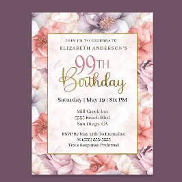 Elegant korall och lavendel peony 99-årsdag inbjudningar