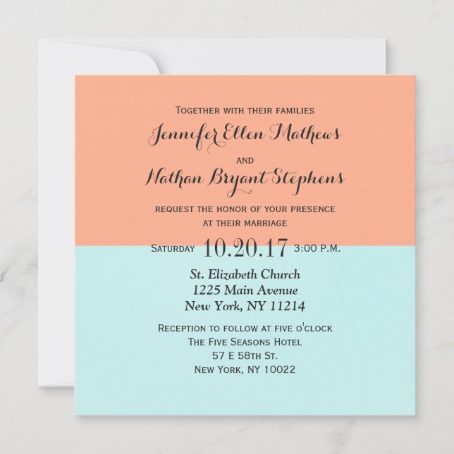 Elegant korall och mintgrön tvåtons färgdelad inbjudningar (Framsida)