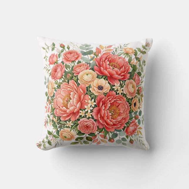 Elegant korall- och persikopionybukett  kudde (Framsida)