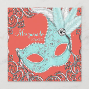Elegant korall- och tealblå maskeradfest inbjudningar