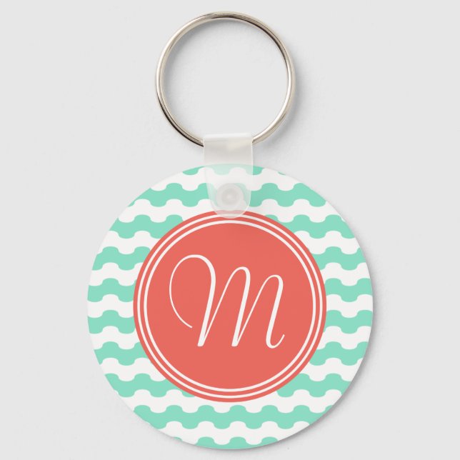 Elegant korallmonogram med vågor i grönt nyckelring (Framsida)