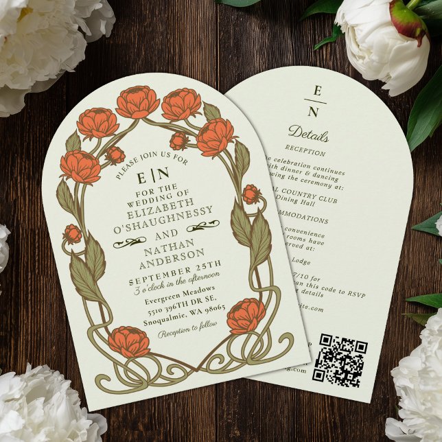 Elegant korallpion Art Nouveau bröllopsbåge QR  Inbjudningar (Skapare uppladdad)