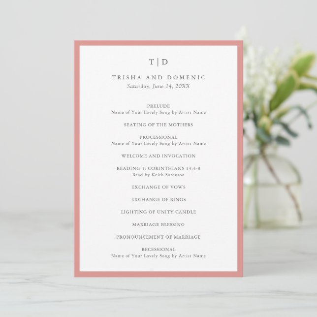 Elegant korallrosa monogram modern bröllop program (Stående Fram)
