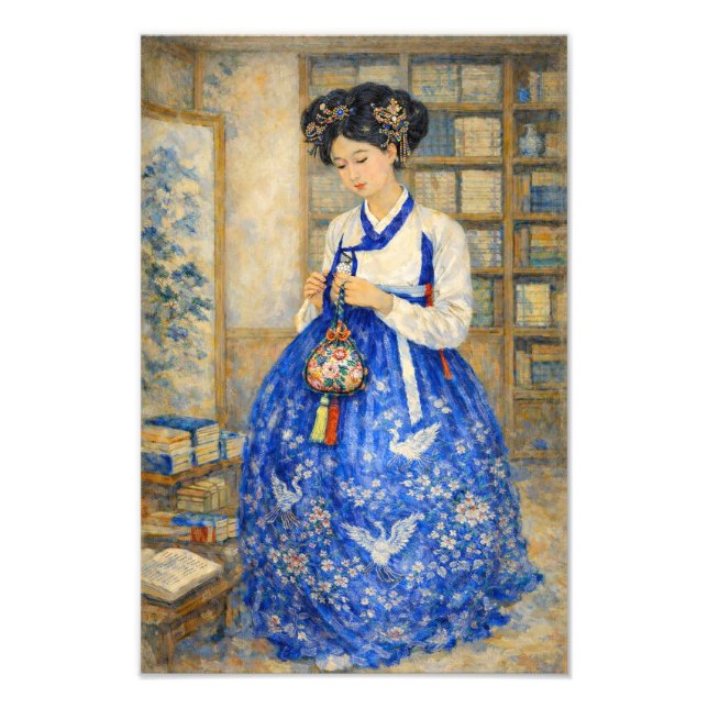 Elegant koreansk hanbok-flicka med lyckosäck fototryck (Framsidan)