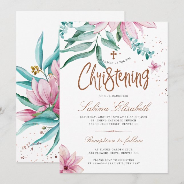 Elegant kors akvarell blomster dop inbjudningar (Fram/baksida)