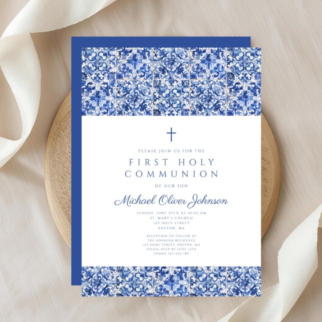 Elegant kors blå plattor Pojke Första kommunion Inbjudningar (Elegant Cross Blue Tiles Boy First Communion Invitation )