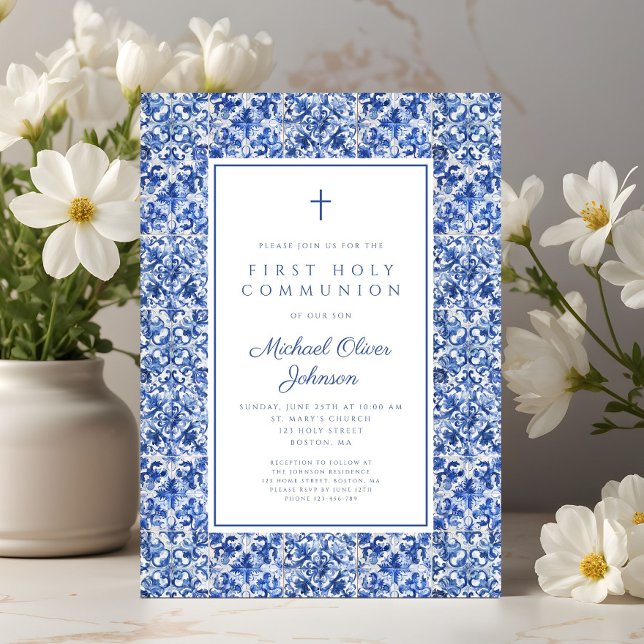 Elegant kors blåa kakel pojke första kommunion inbjudningar (Elegant Cross Blue Tiles Boy First Communion Invitation)