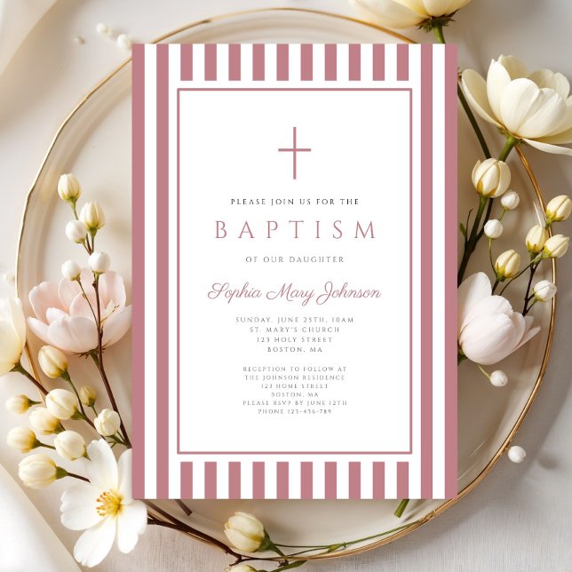 Elegant kors Dusty Pink flicka dop  Inbjudningar (Elegant Cross Dusty Pink Girl Baptism Invitation)
