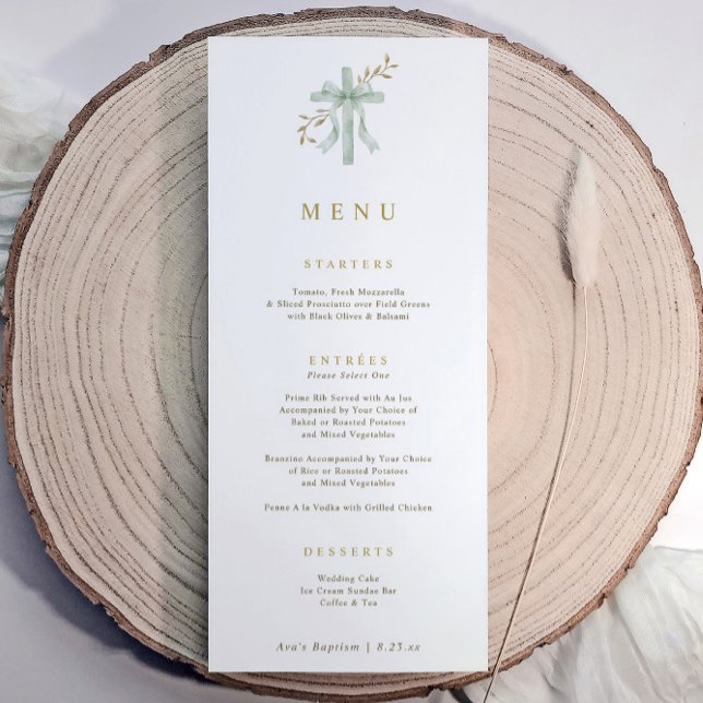 Elegant kors-sage botanisk akvarell dop meny (Baptism menu with sage green watercolor cross, bow, and gold script text)