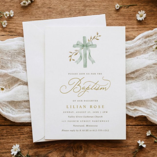 Elegant kors sage grön slinga vattenfärg grönska d inbjudningar (Watercolor cross baptism invitation with gold botanical vines and sage green script)