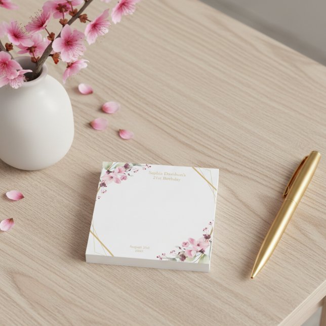 Elegant Körsbärsblom 21-års Födelsedagspresent Post-it Block (Stylish pink sakura flowers birthday post it notes.)