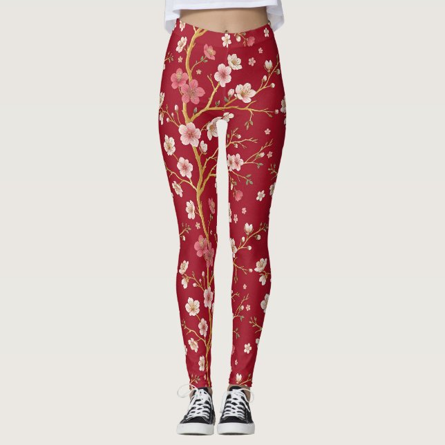 Elegant Körsbärsblom Gold Gren Leggings (Framsida)