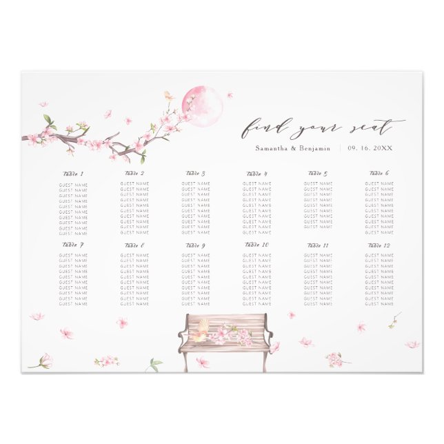 Elegant Körsbärsblom Wedding Seating Chart Poster (Framsidan)